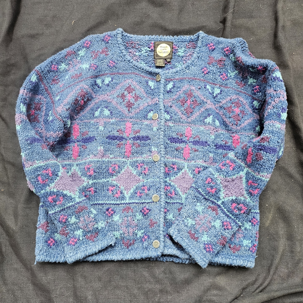 Cozy Blue and Purple Women's Cardigan Vintage Womens Size M Planet Earth Wool